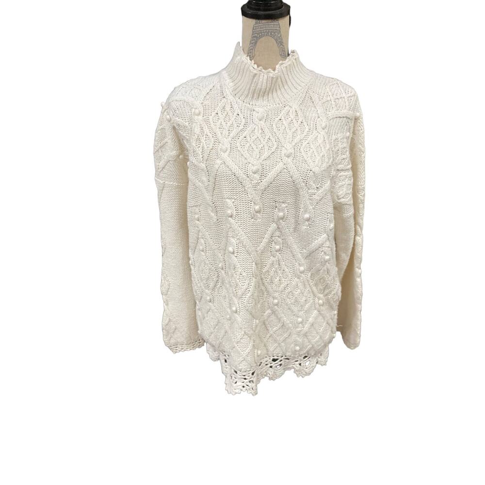 Rebecca Stone Women's Cream Knit Sweater Mock Neck Lace textured  Pull Over  LG